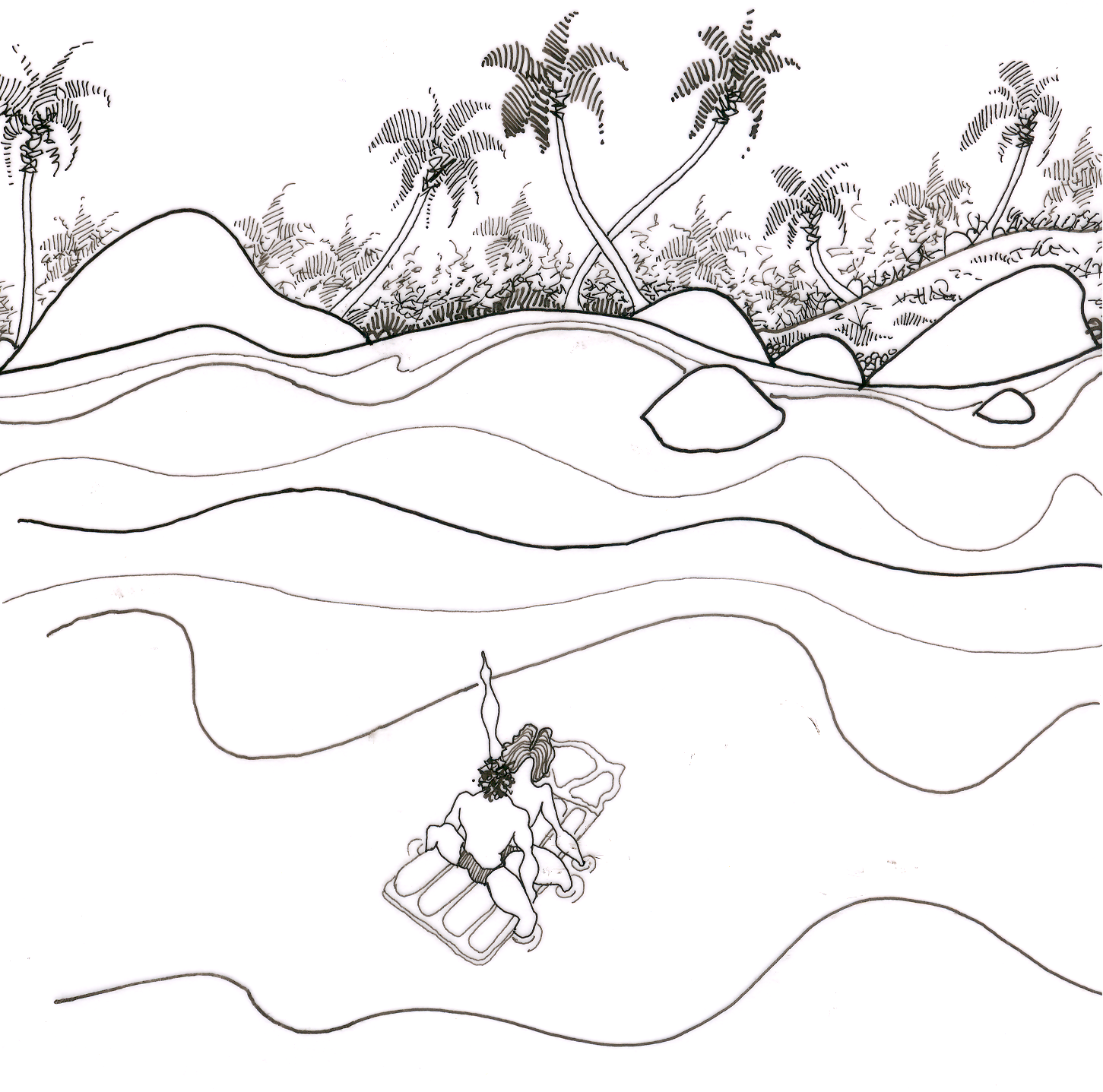 Isola a due: disegno a china di un'isola con palme e due figure su una zattera